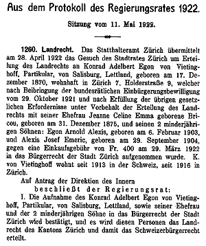 Avis de la naturalisation des Vietinghoffs en Suisse (1922)