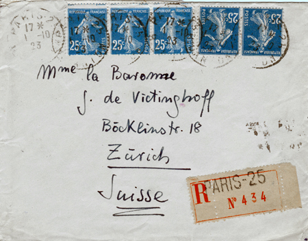Enveloppe d'une lettre d'Egon à Paris à sa mère (le 1.10.1923)