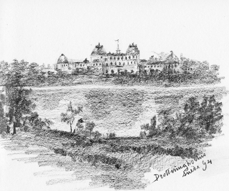 Q, Schloss am Wasser in Schweden, Zeichnung von Jeanne Bricou, 1894