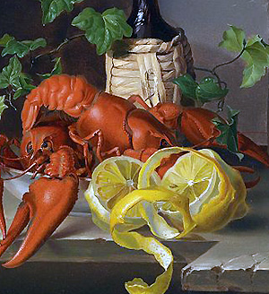 Naturalisme : Paintre autriche, Homard, bouteille et citron (vers 1890)