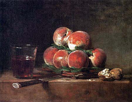 Jean Siméon Chardin, Basket of Peaches, with Walnuts, Knife and Glass of Wine (1768), Louvre, Paris