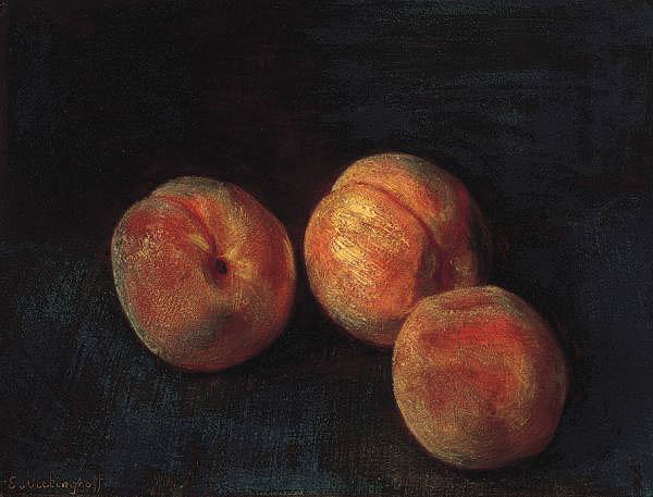 Three peaches on dark velvet