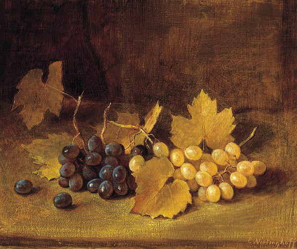 Black and white grapes with leaves