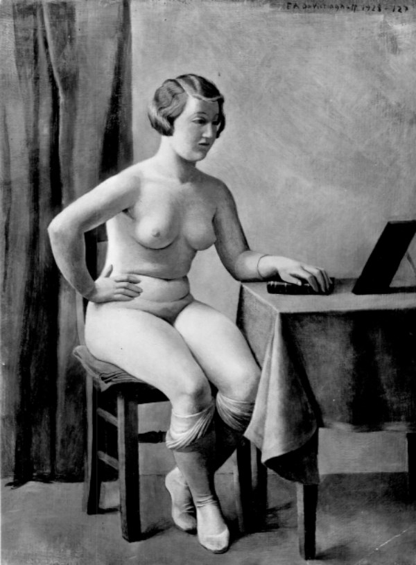 Sitting nude, with stockings