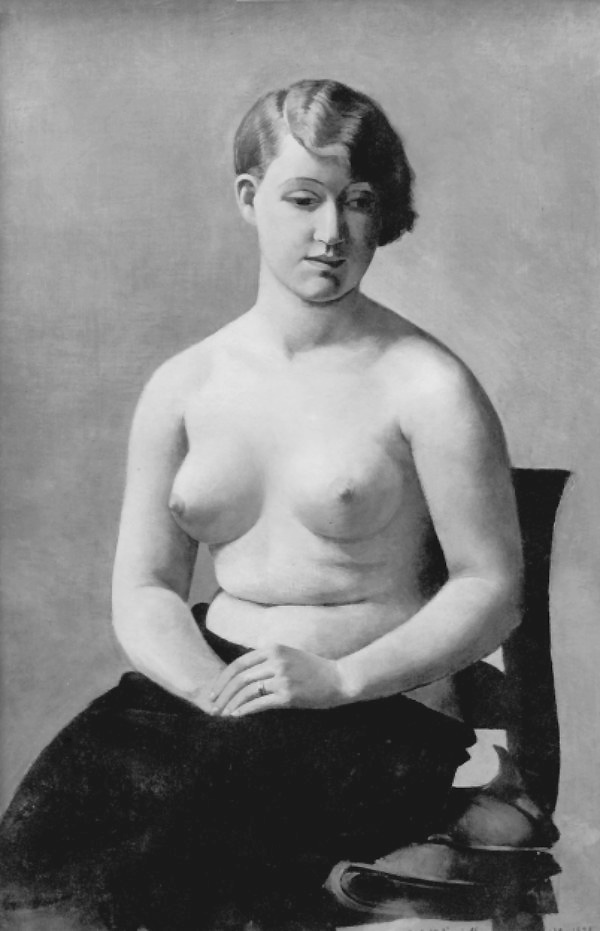 Sitting half-length nude, with cast down eyes