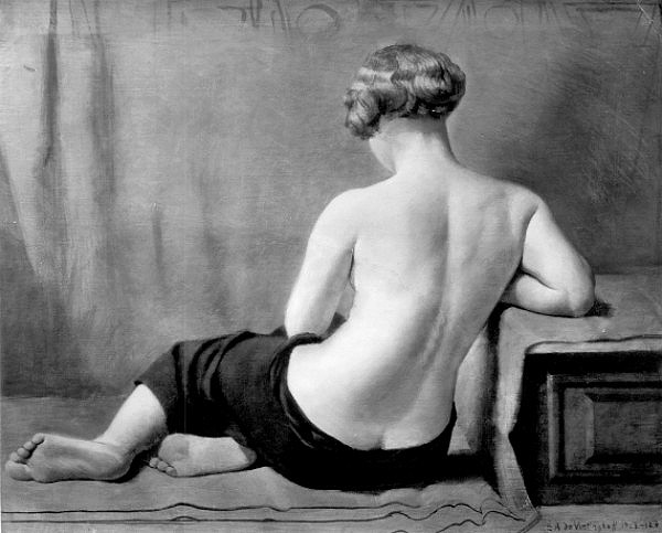 Sitting half-length nude seen from back