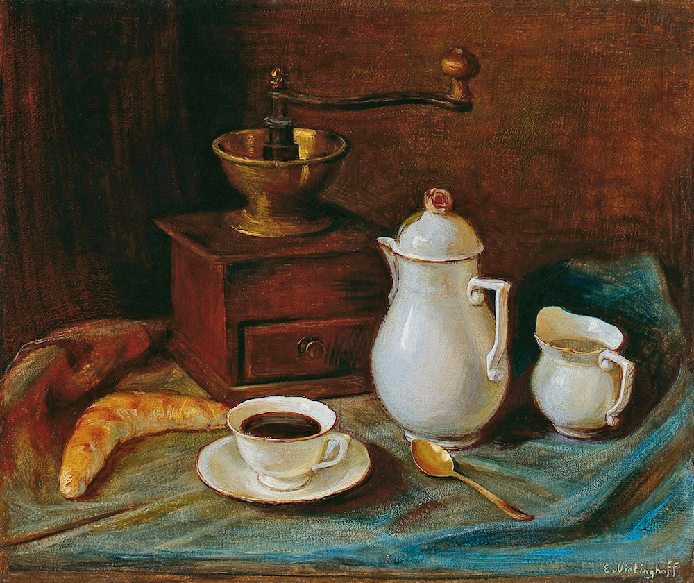 Coffee grinder, coffee set and croissant