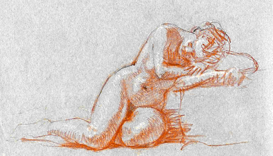 Female nude, front view, reclining to her left on a ledge, head resting on her hands