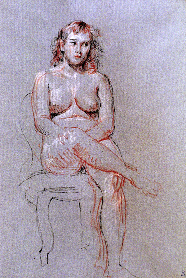 Female nude sitting on a chair, front view, right leg crossed over