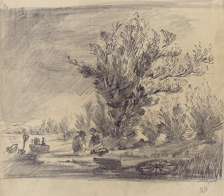 Landscape with two people under a tree