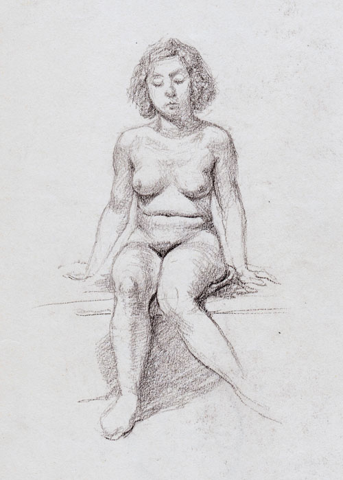 Sitting female nude, frontal view, looking down