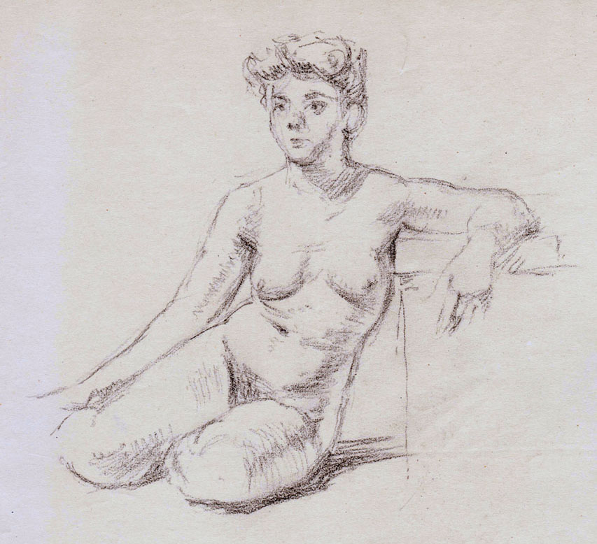 Sitting female nude, front view, leaning left, resting her left arm on a cushion.