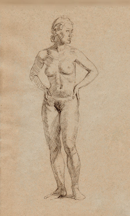 Standing female nude with her hands on her hips