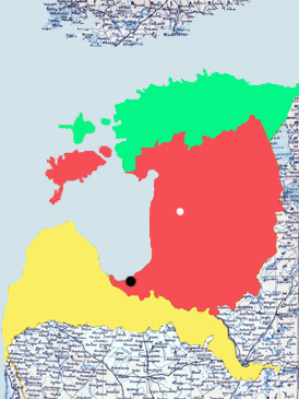 Russische Gouvernements im Baltikum (19. Jh.), Estland (grün), Livland (rot), Kurland (gelb)
