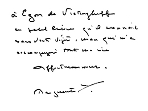 Widmung von M.Y. an Egon v.V. in ihrem Buch _Alexis_