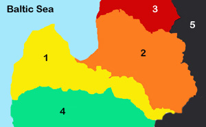 Baltic region: 1 Courland, 2-3 Livonia (1+2 Latvia), 4 Lithuania, 5 Russia,