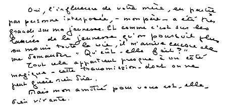 Marguerite Yourcenar, l'influence de votre mère, lettre du 22.12.1984