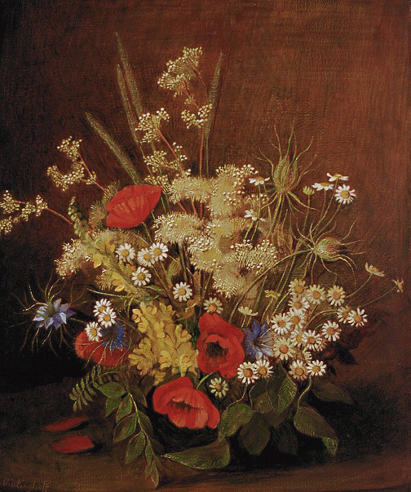 Sommerstrauss mit Mädesüss, Mohn und Kamille