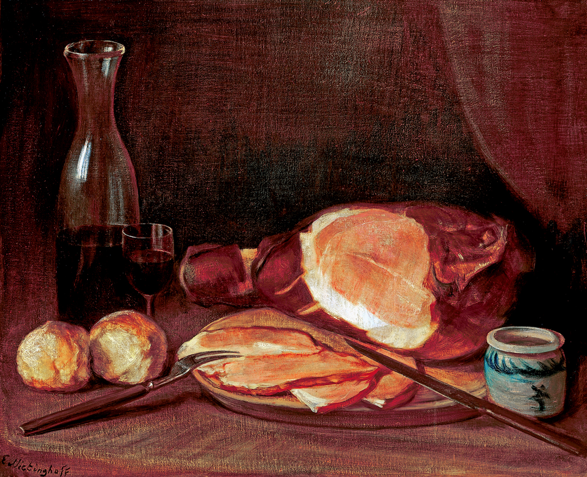 Schinken mit Brötchen und Rotwein