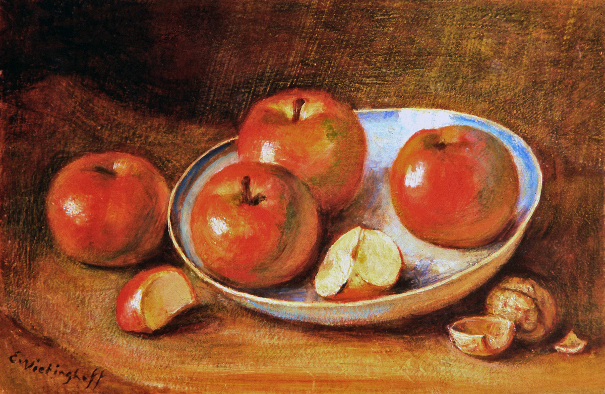 Äpfel in Delfter Schale und Walnüsse